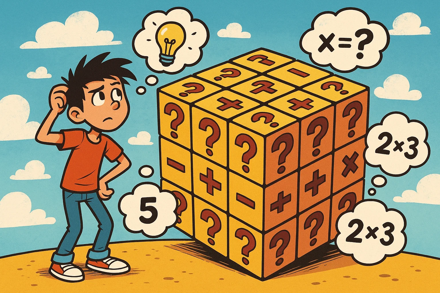  Cartoon of teen solving hard riddles with question mark puzzle cube.
