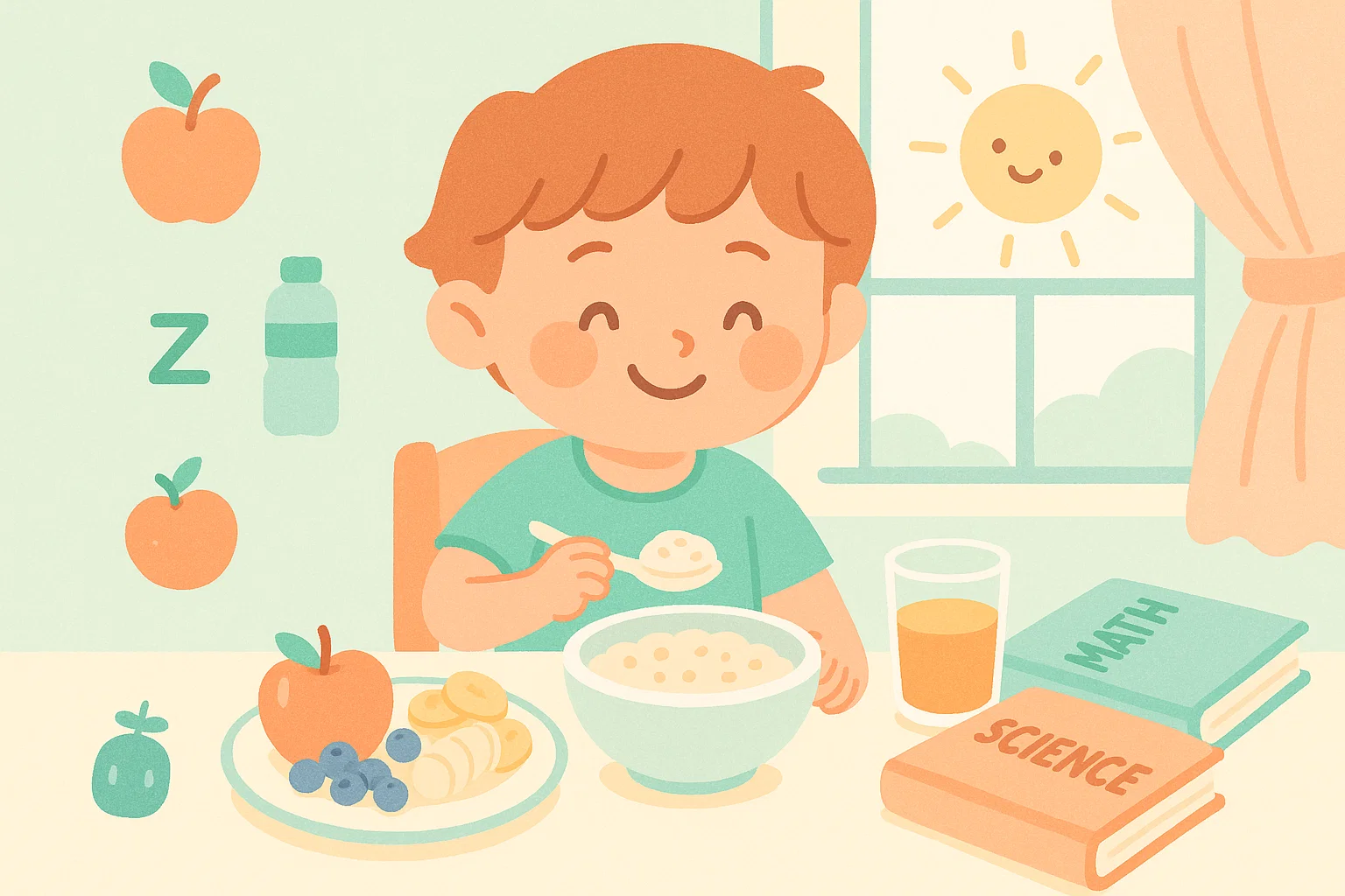 Cartoon of child with healthy breakfast showing good exam day habits.
