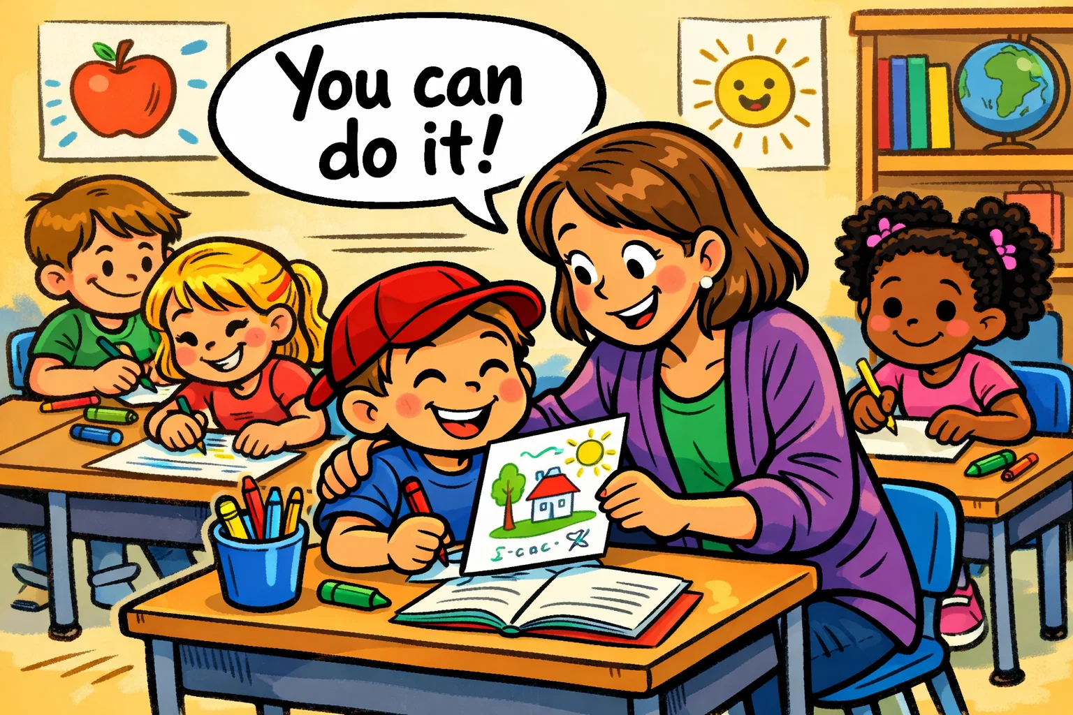 Teacher supporting a kindergarten student with writing prompts to build writing confidence.