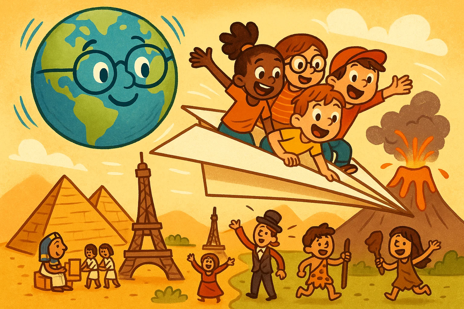 Cartoon kids exploring history and geography fun facts on a colorful world map.
