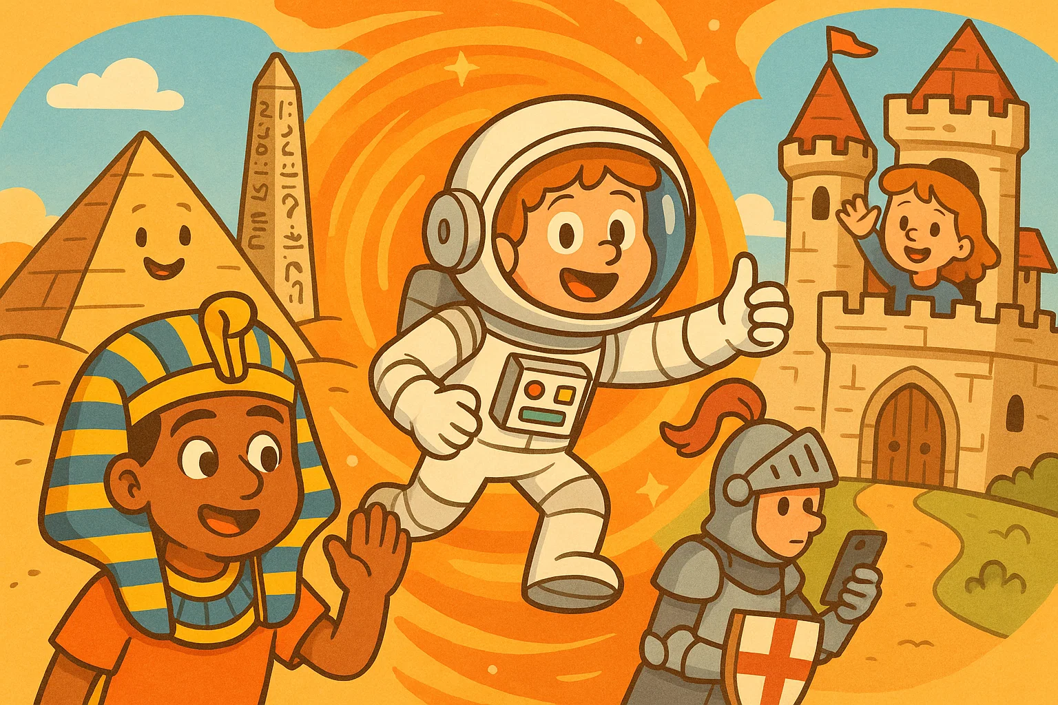 Cartoon kids exploring history and culture fun facts for 7 year olds.
