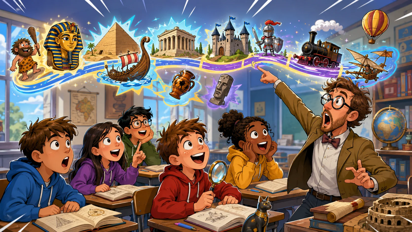 History facts for 12 year olds shown on classroom timeline with students. 
