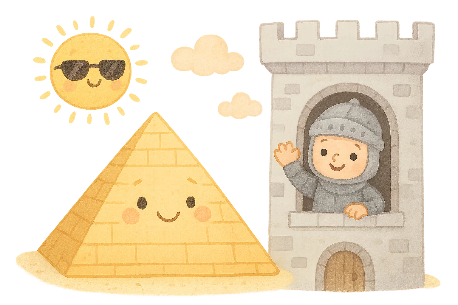 Cartoon history characters teaching fun facts for kindergarten kids.