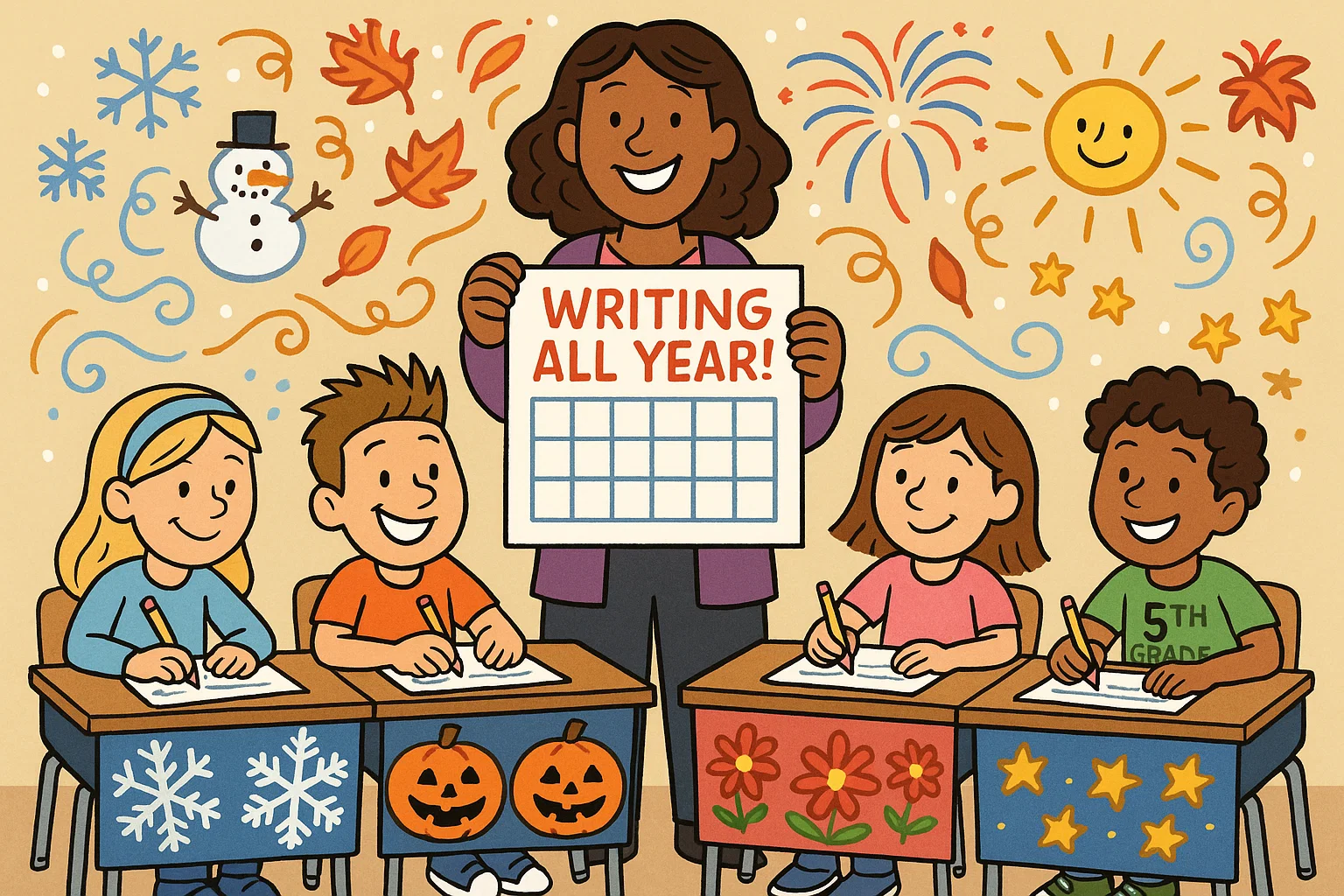 Students creating seasonal writing prompts with festive classroom decorations.