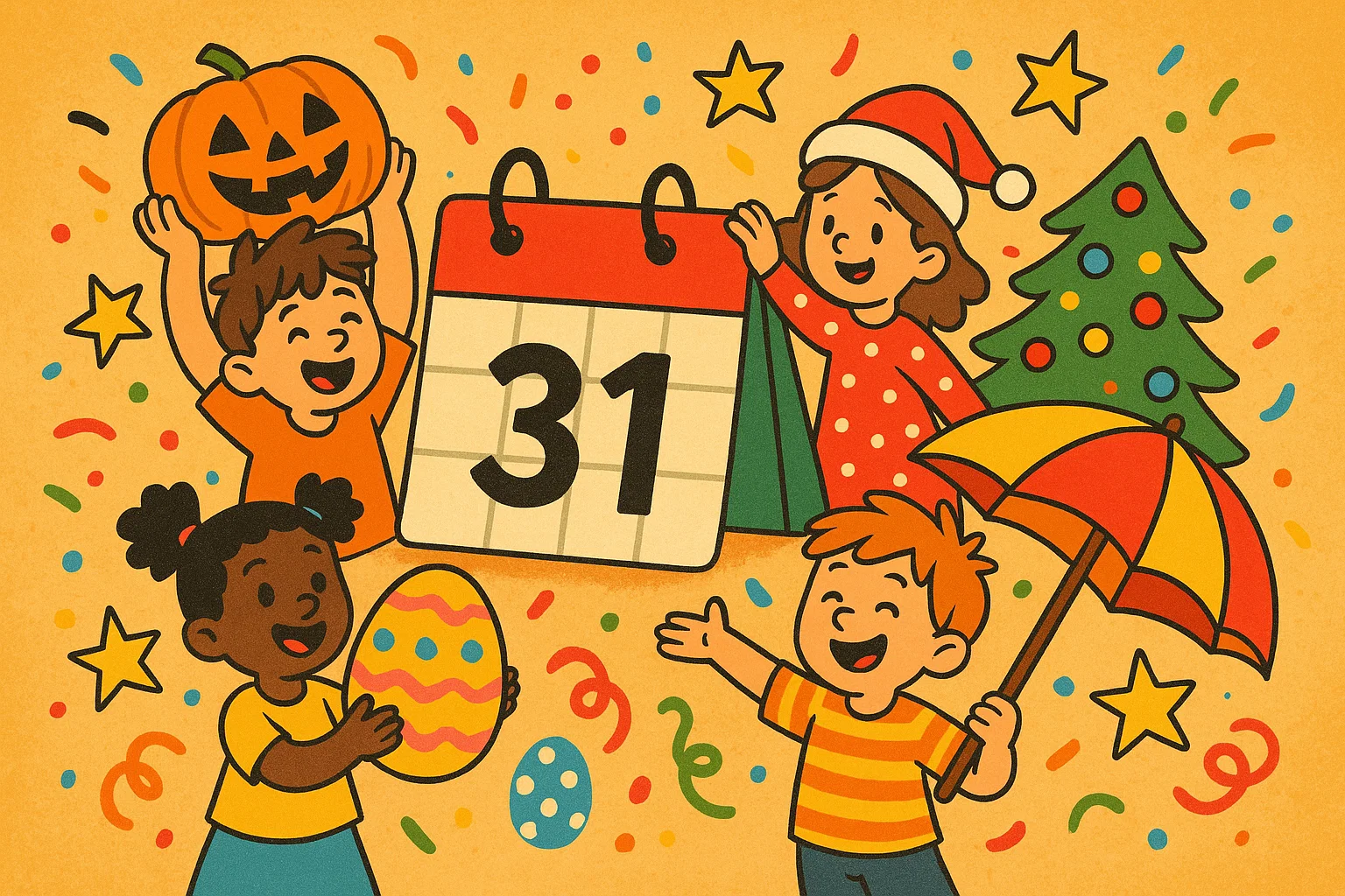 Cartoon showing kids celebrating holiday fun facts for 9 year olds.