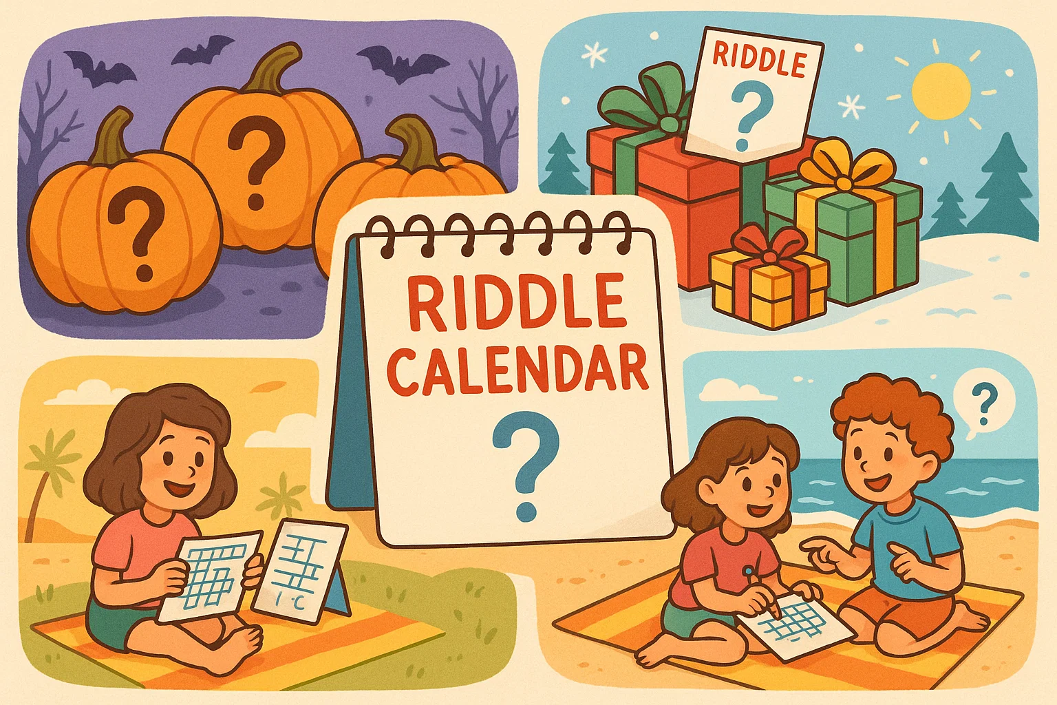 Cartoon mix of seasonal riddles for 12 year olds with holiday decorations.