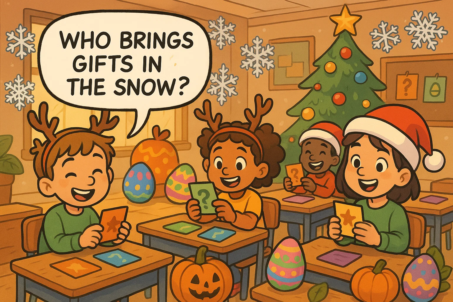 Preschool kids answering holiday riddles in a festive decorated classroom.