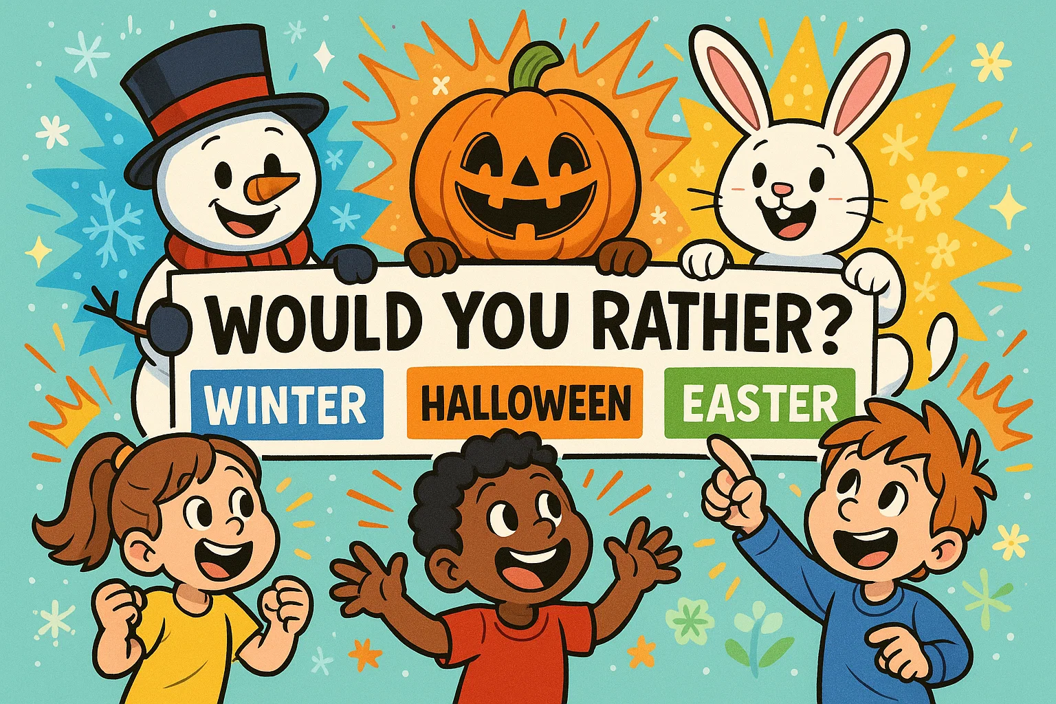 Kids enjoying holiday would you rather kids prompts with festive characters.