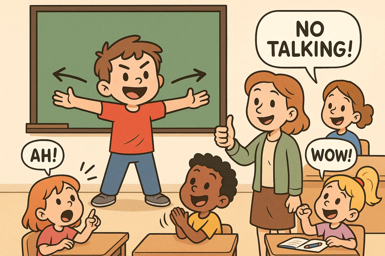 Kids play charades in a fun classroom with a child acting and others guessing.