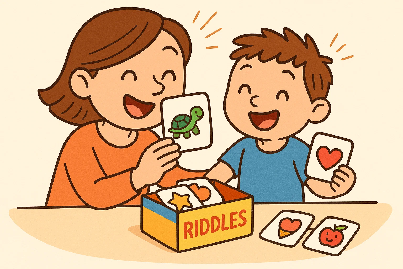 Parent helping child choose riddles age 6 will enjoy with playful clue cards.