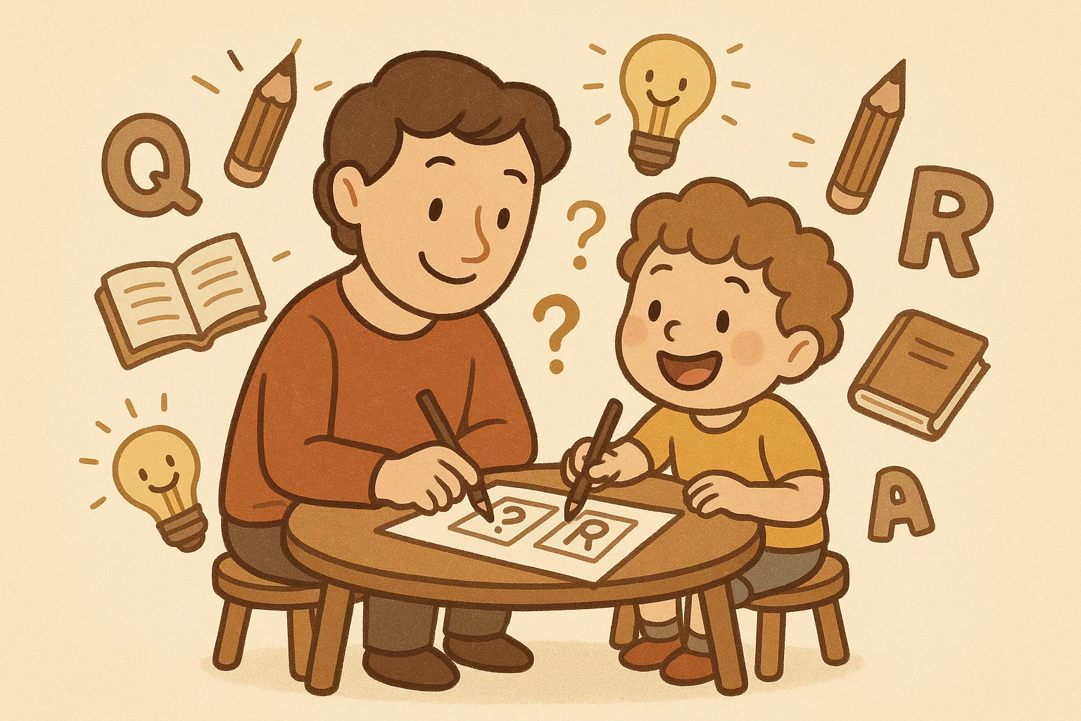 Parent helping child create fun riddles together in a cozy home learning scene.
