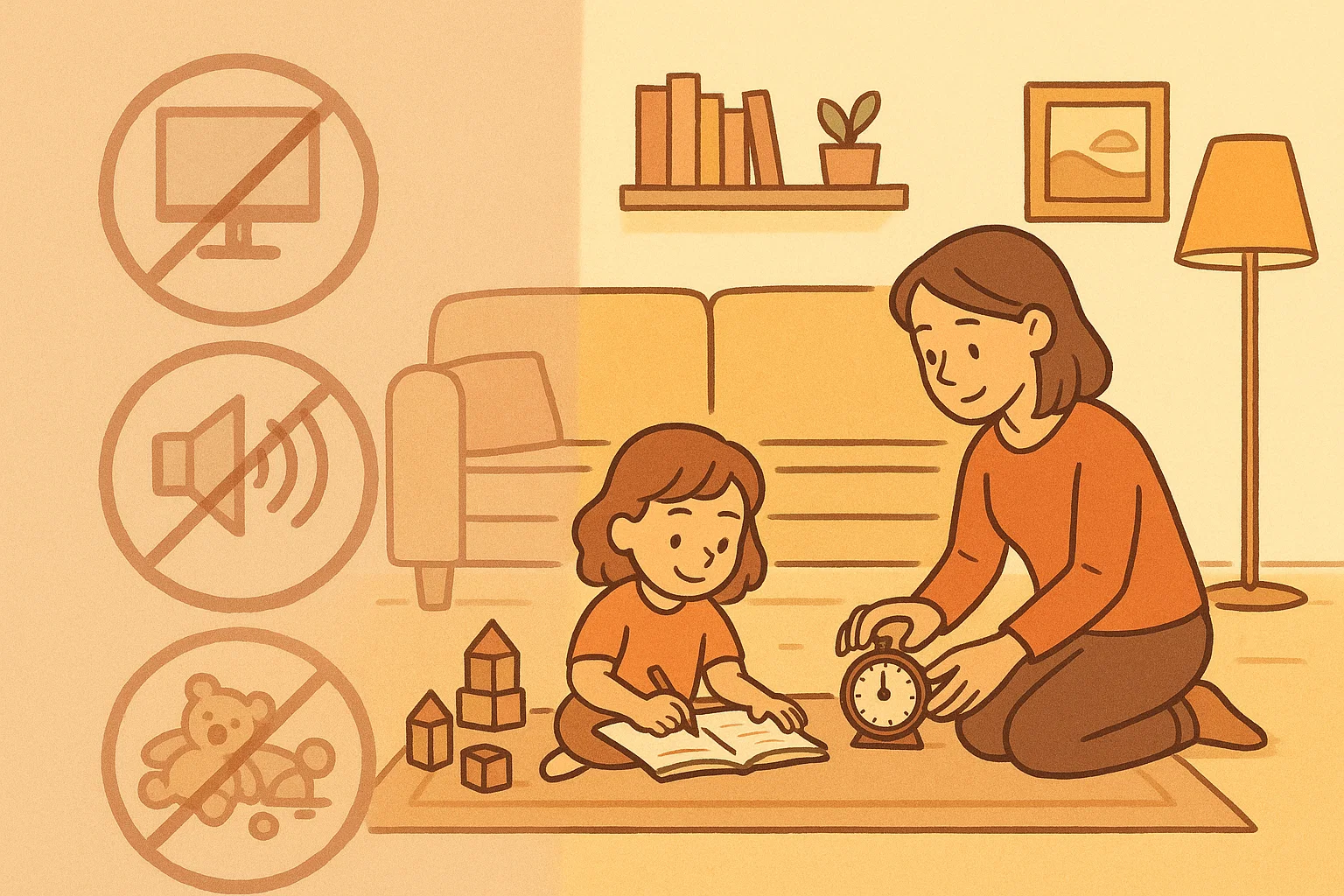 Cartoon of how to prevent overstimulation in kids with calm room and soft lighting.