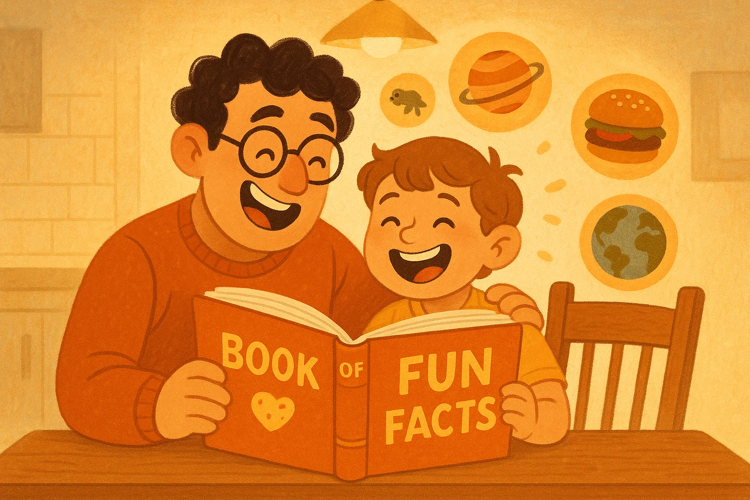 Parent and child enjoying fun facts for 7 year olds in cartoon illustration.
