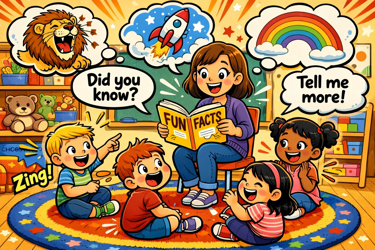 Teacher sharing fun facts with preschoolers during circle time with smiling children and bright visuals.
