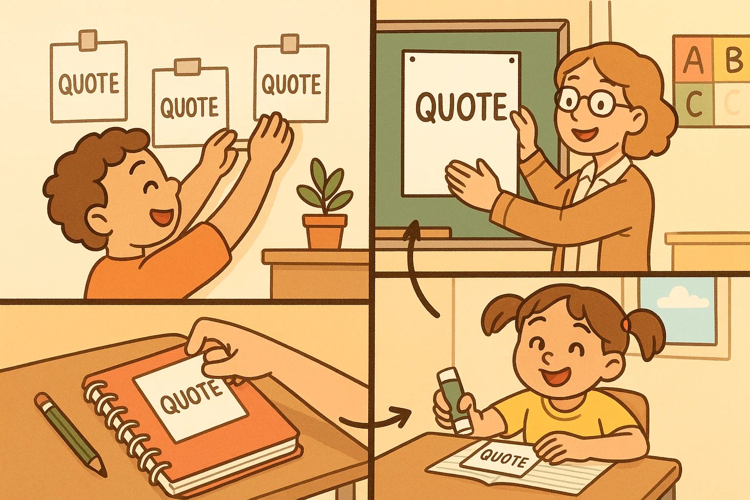 Cartoon showing how to use last day quotes in classroom and home with creative kids.