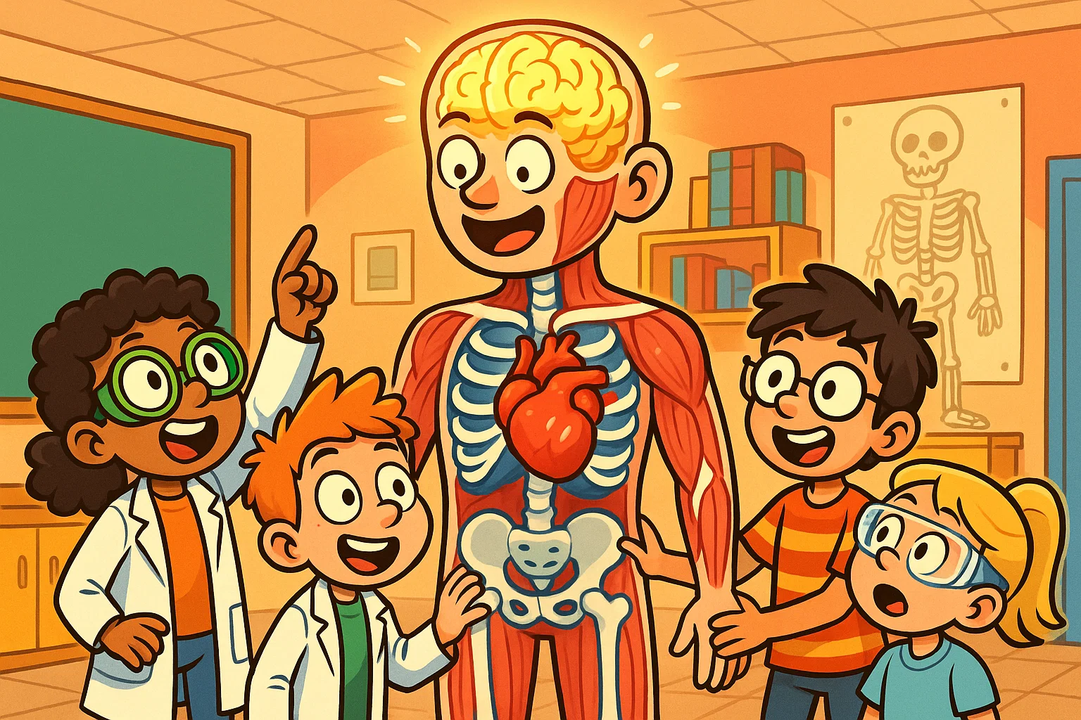 Cartoon of curious 10 year olds discovering human body facts in lab.
