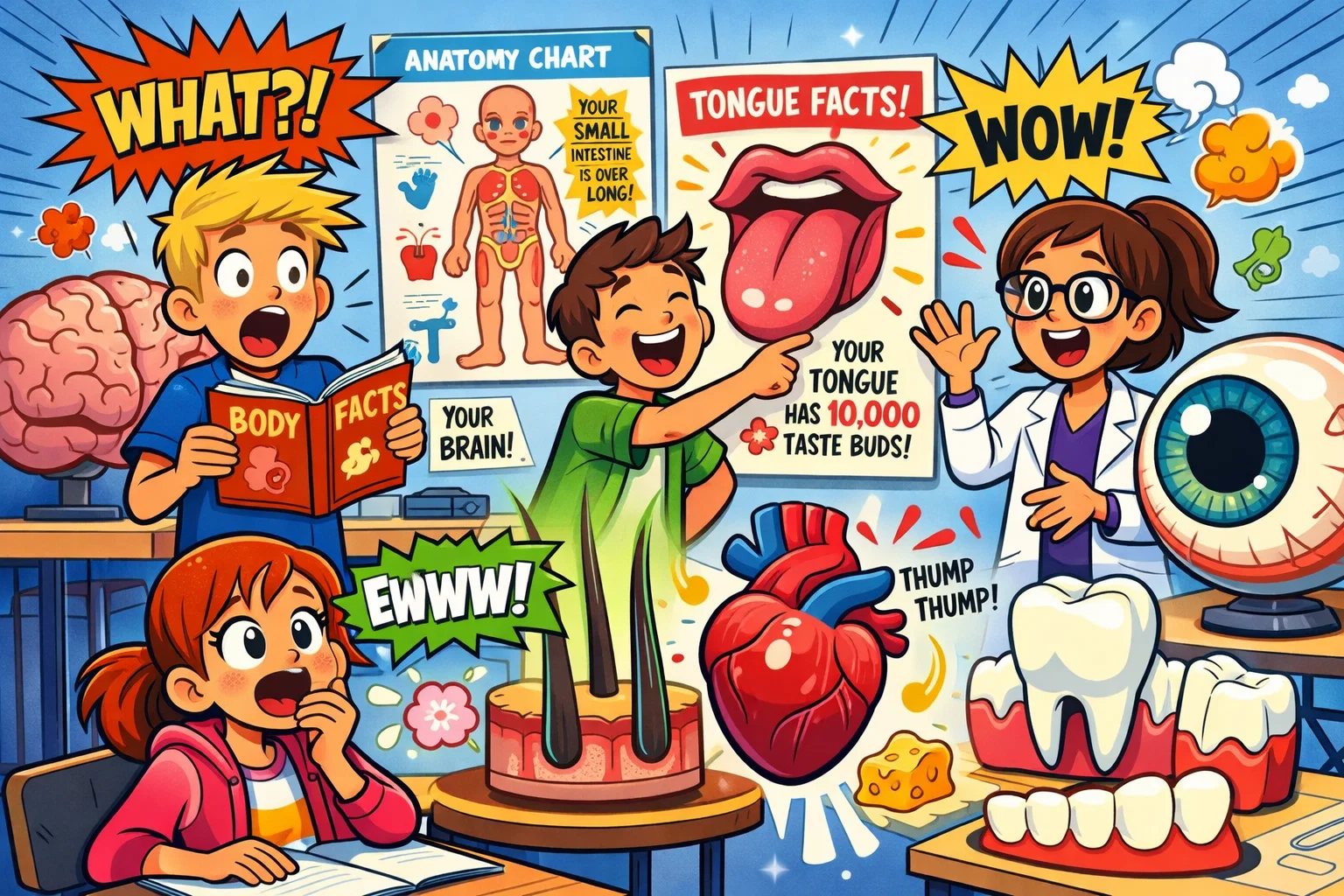 Teenagers exploring fun human body facts with anatomy diagrams and body models in a fun classroom scene.
