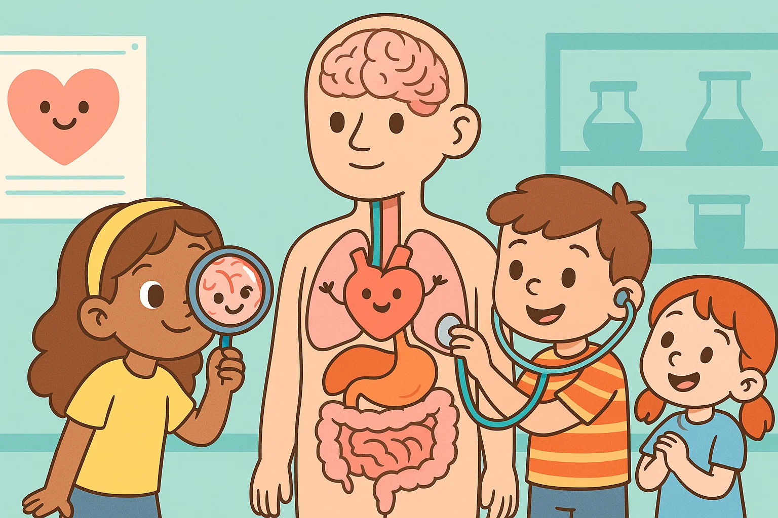 Cartoon of kids learning human body fun facts with heart brain and smiling organs.
