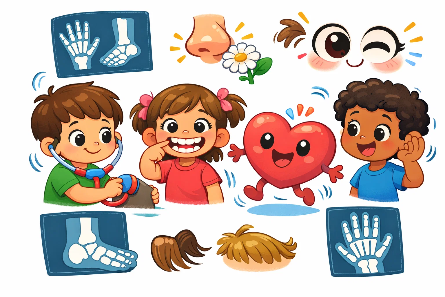  Human body fun facts for 4 year olds cartoon with kids, heart, teeth, bones, and senses.
