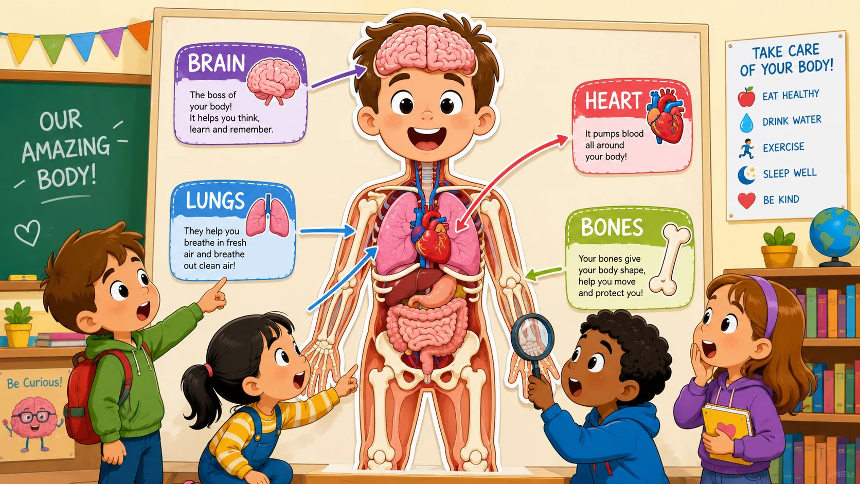 Human body fun facts for 8 year olds in playful classroom. 
