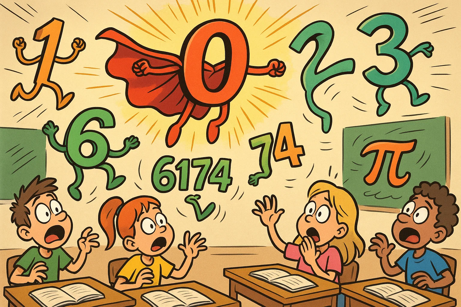 Cartoon of students watching zero and infinity perform funny number tricks.