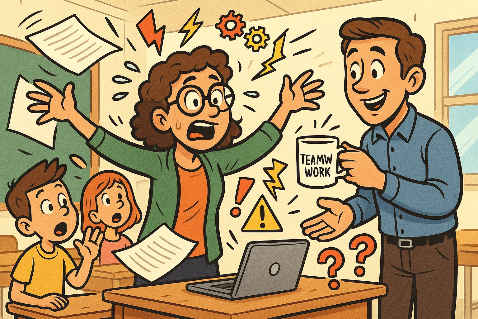 Cartoon of teachers solving inquiry based learning challenges together.