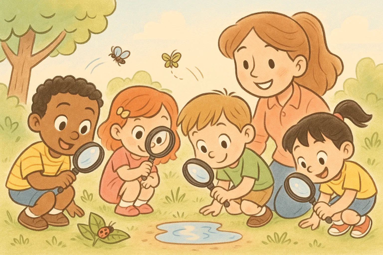 Children take part in inquiry based learning during outdoor early childhood play.