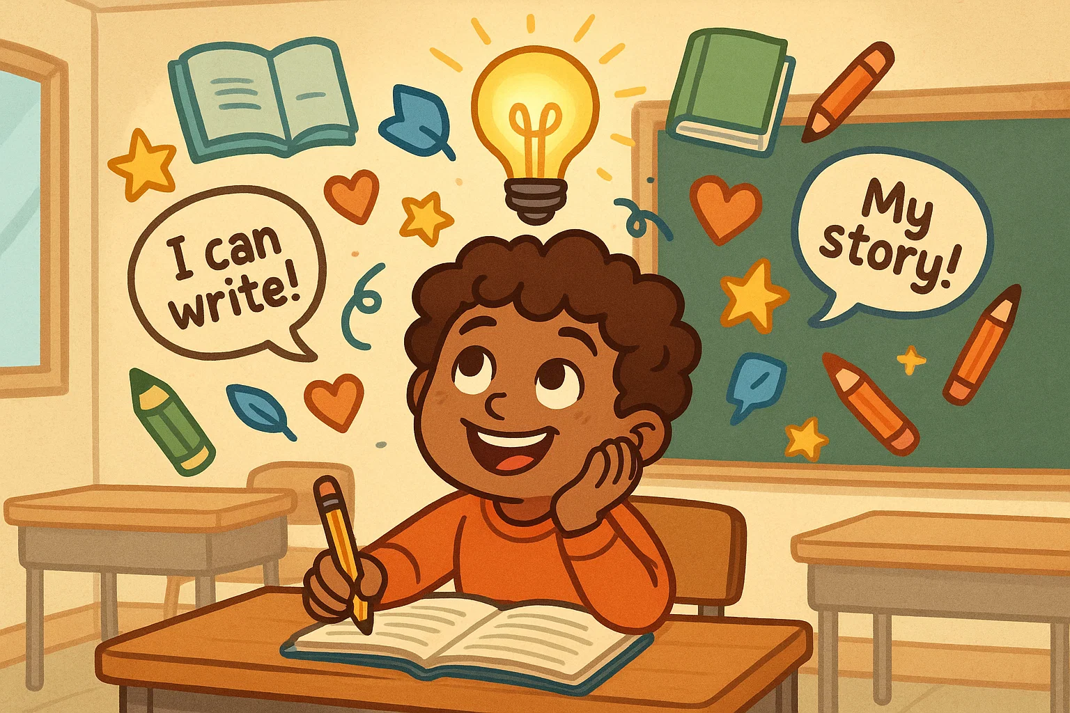 Inspiring writing prompts for 1st grade students with cartoon child and bright ideas.