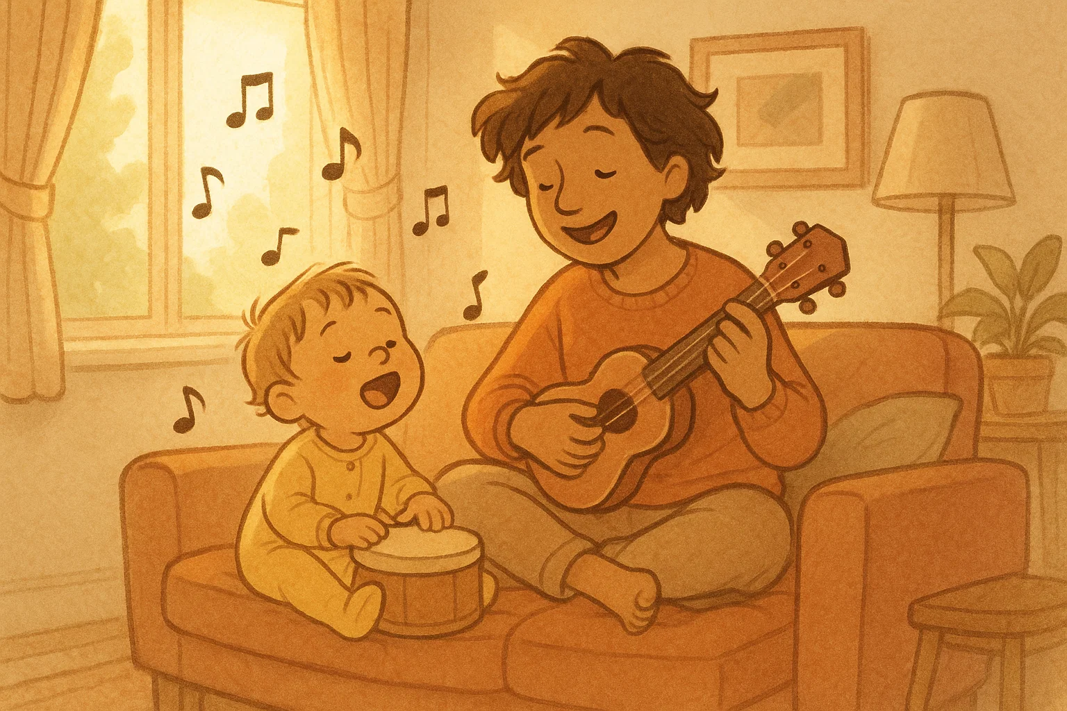 Parent and toddler bond through music therapy at home during daily routine.