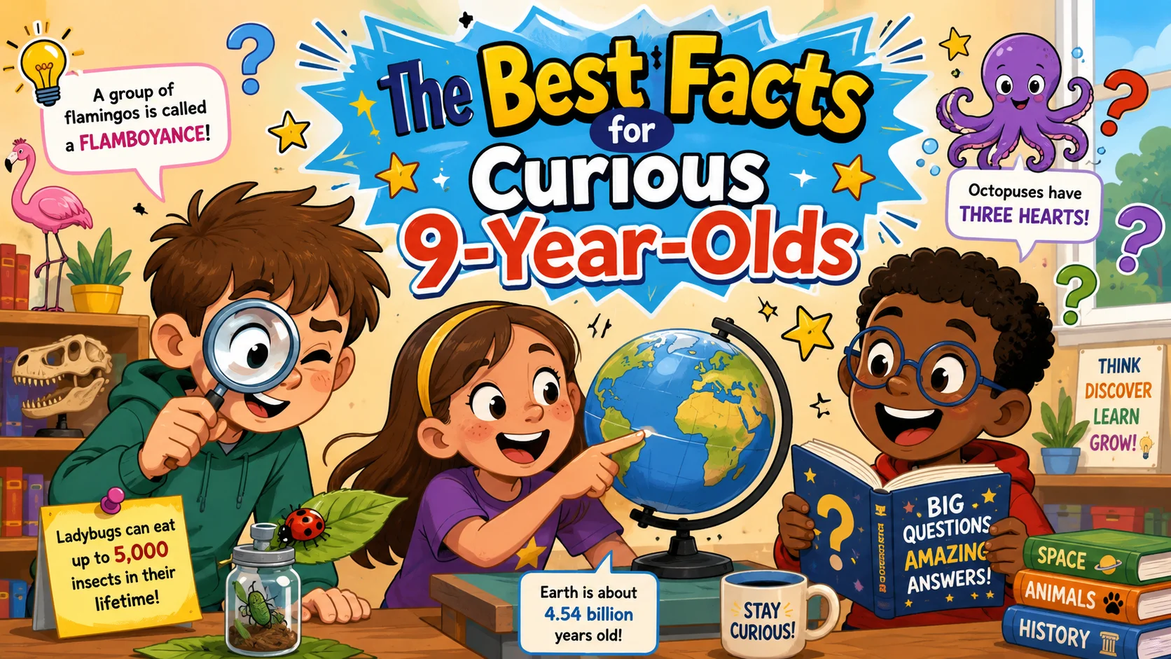  Interesting facts for 9 year olds with curious kids, globe, magnifying glass, and book. 
