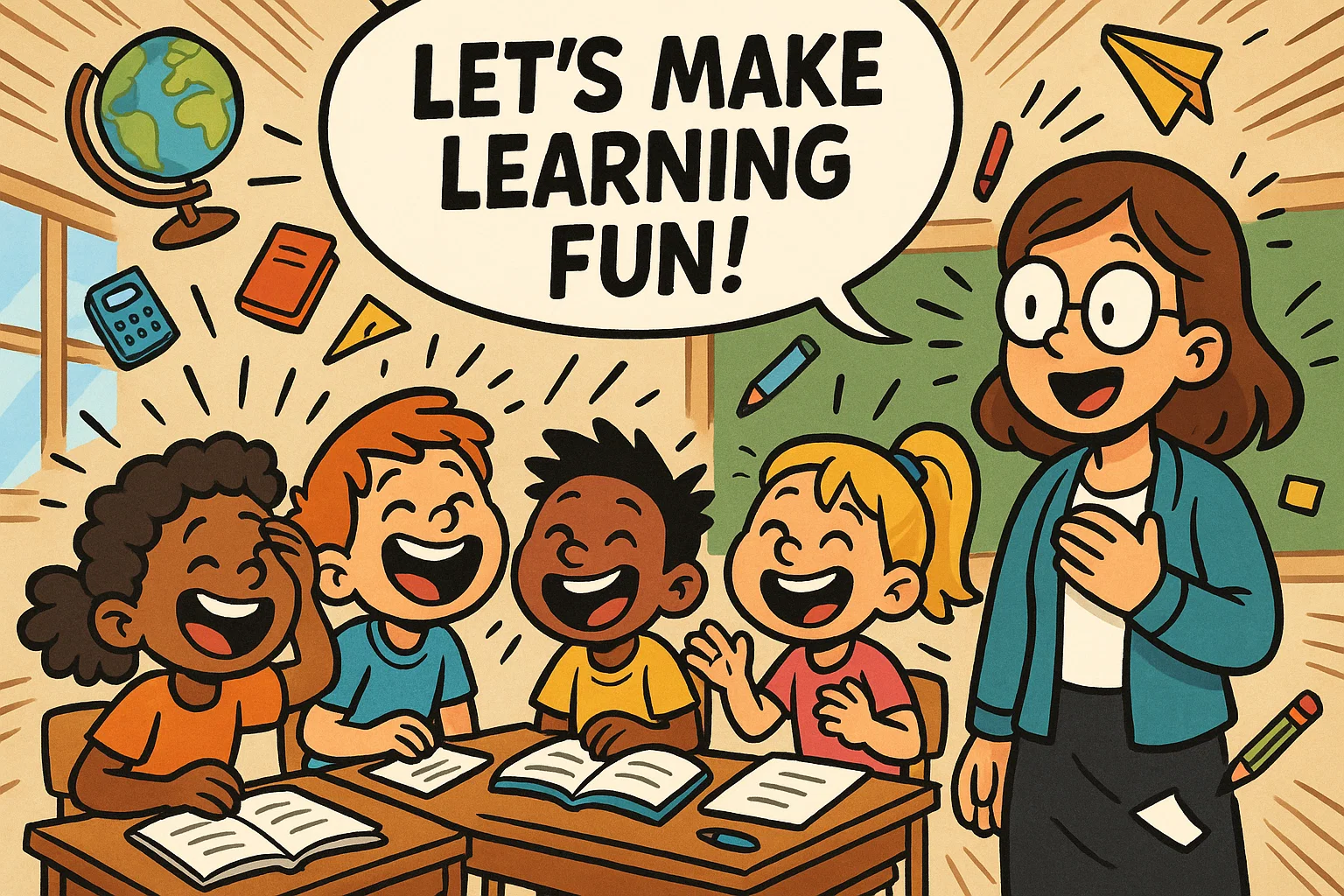 Cartoon classroom with kids laughing and a surprised teacher sharing jokes to boost the mood.