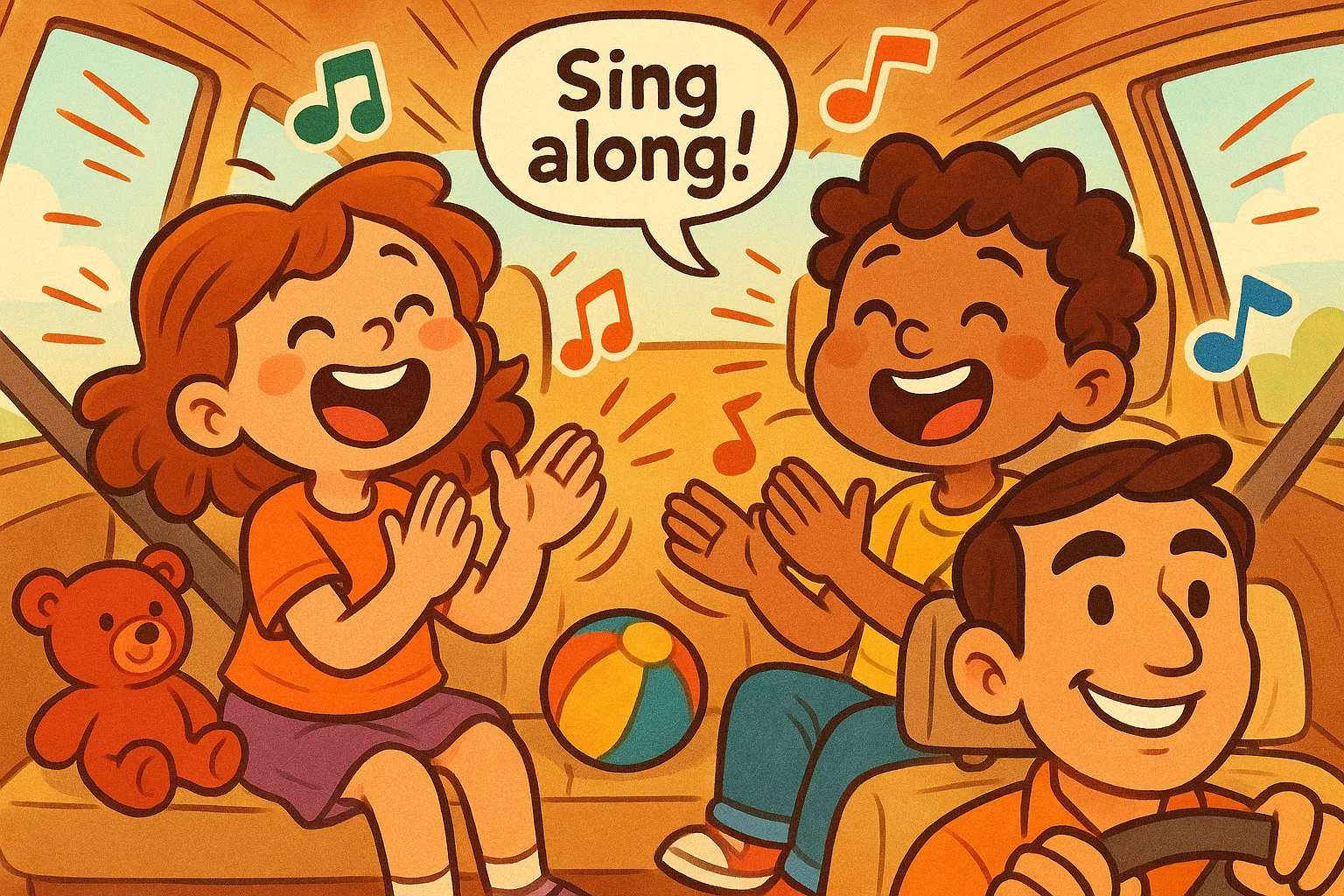 Happy cartoon kids singing in car and staying calm during travel.