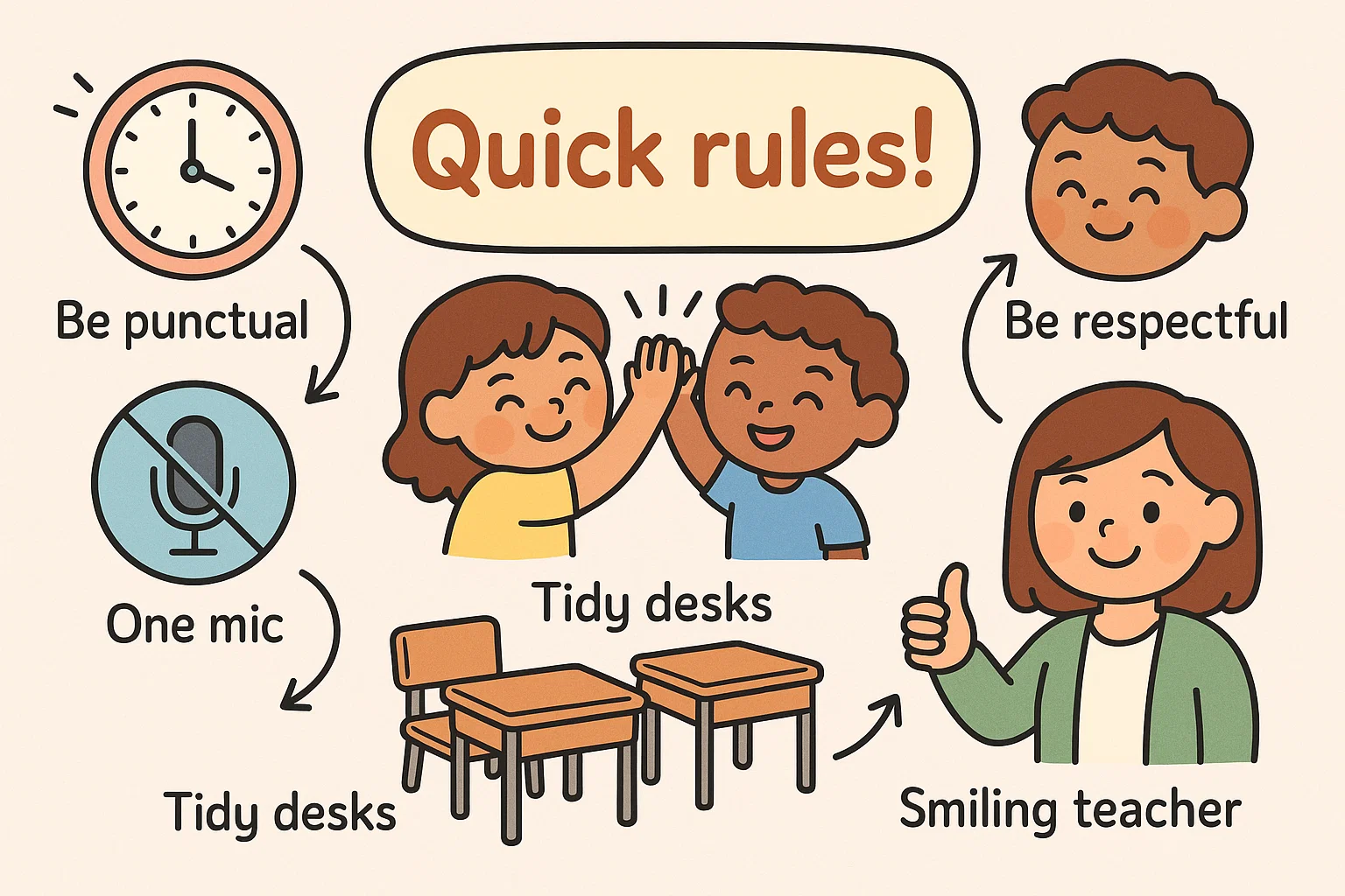 Cartoon infographic showing key points classroom etiquette overview with icons.
