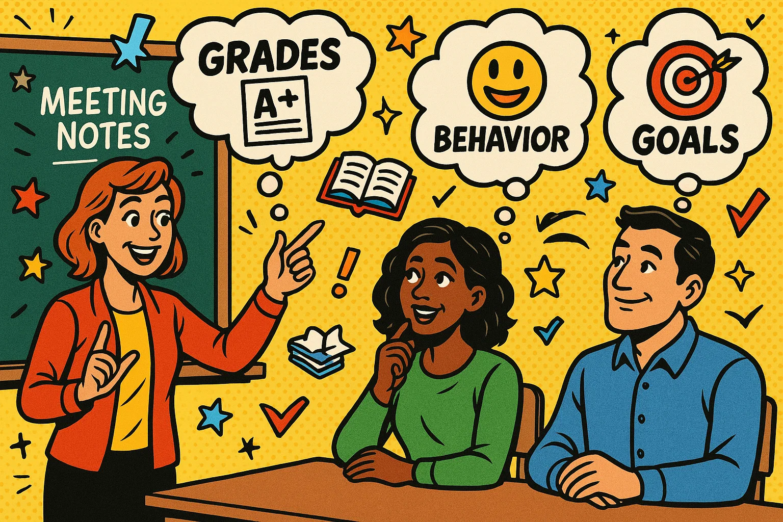 Teacher explaining key points to discuss during parent teacher meeting in cartoon style.
