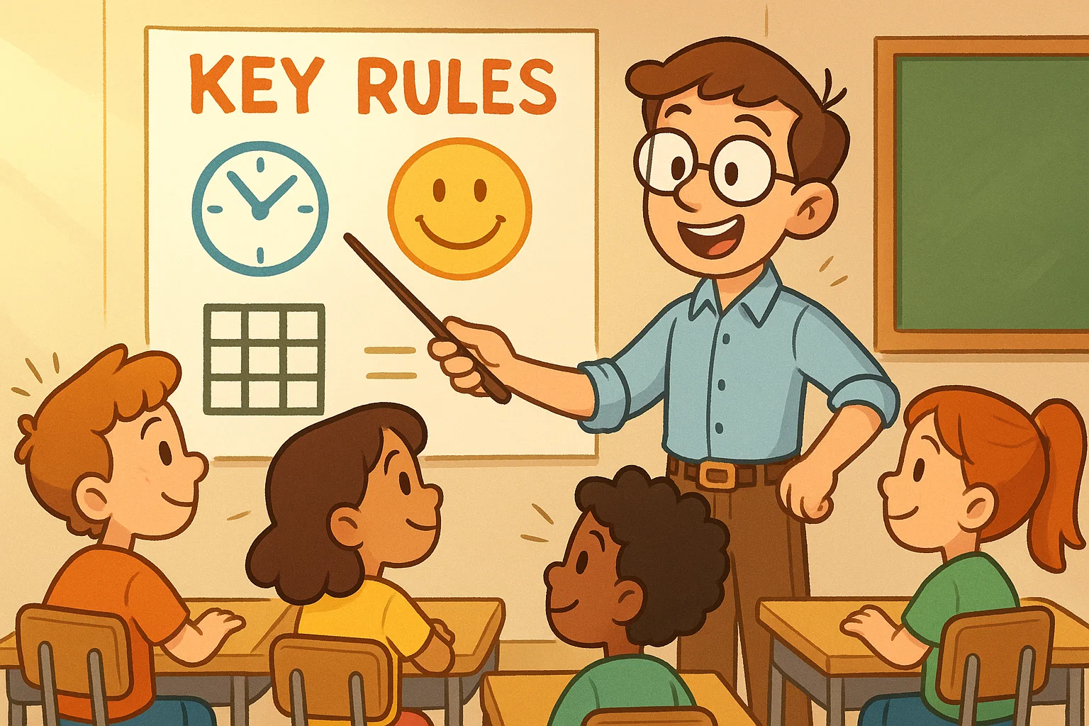 Cartoon teacher explaining key rules classroom management poster with focused students.