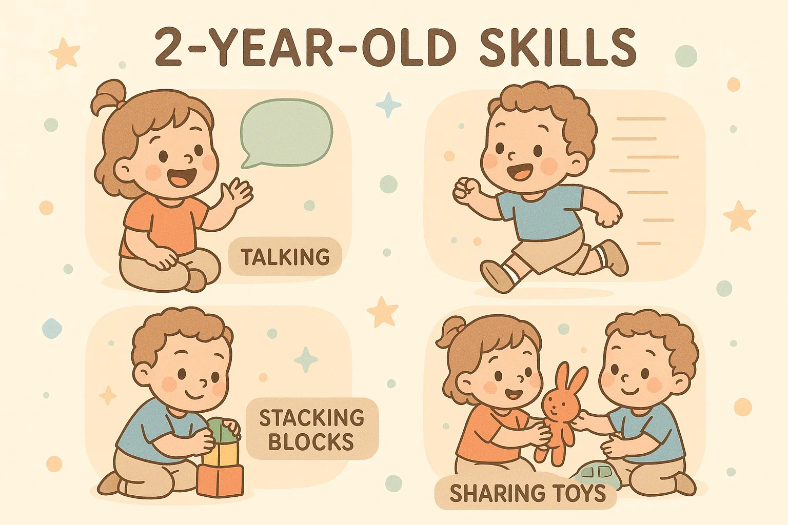  Cartoon showing toddlers learning speech, movement and social skills at age two.