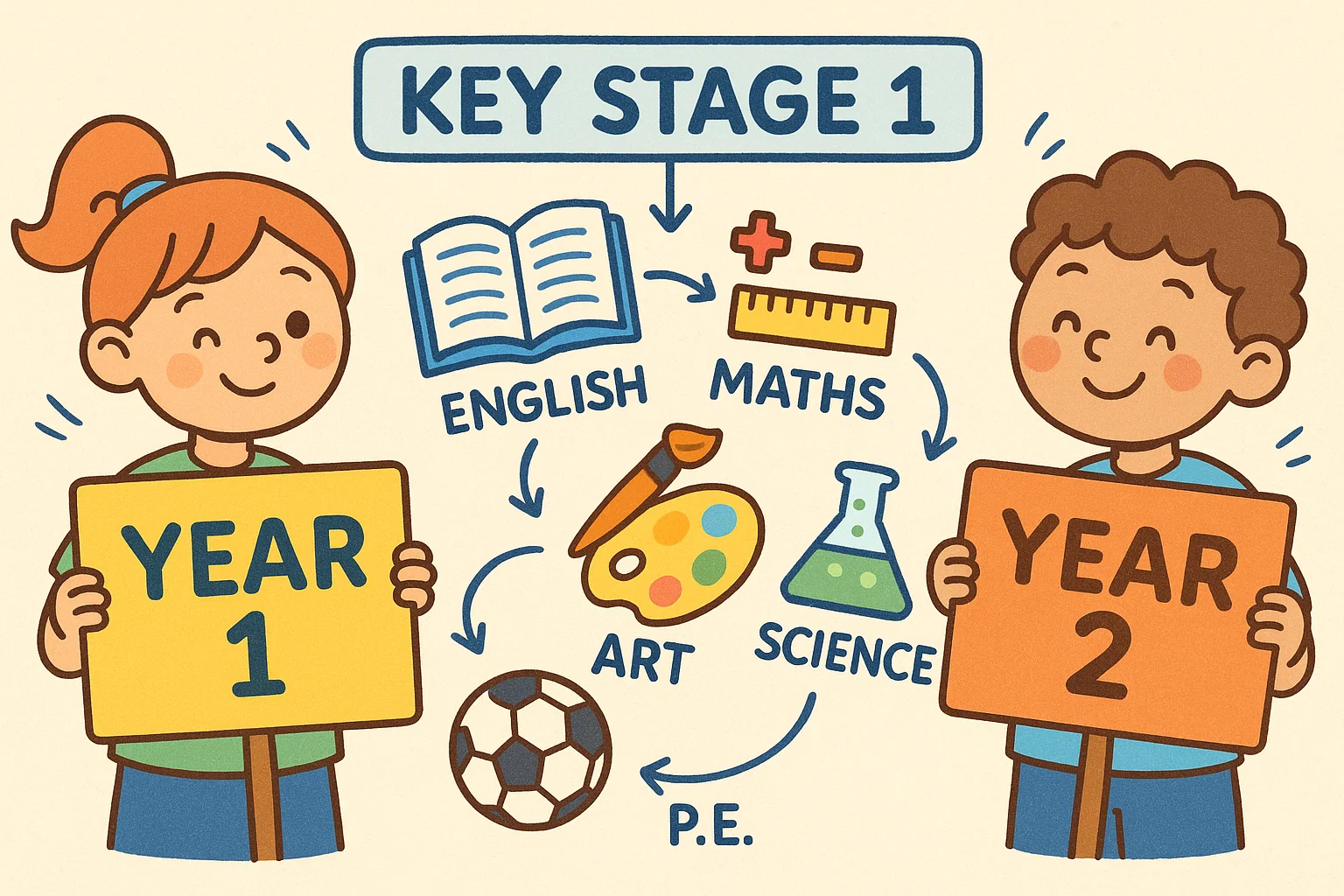 Key stage 1 overview cartoon infographic with Year 1 and Year 2 subjects.