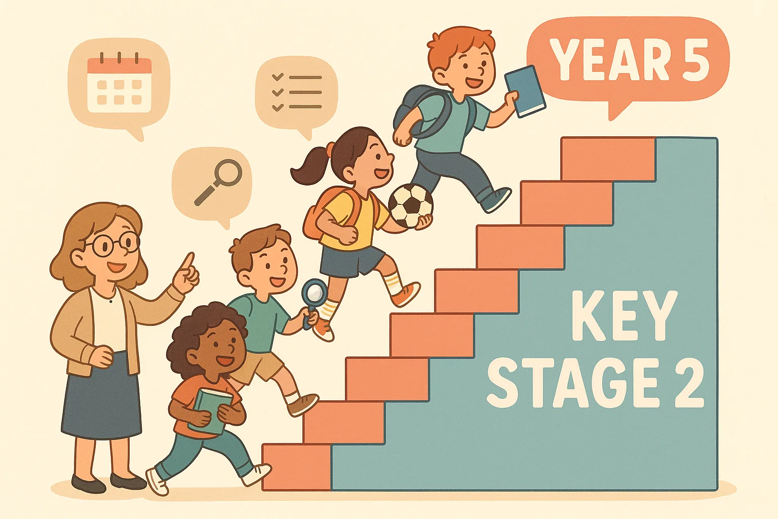 Key Stage 2 structure for Year 5 with students moving through steps of the school year.