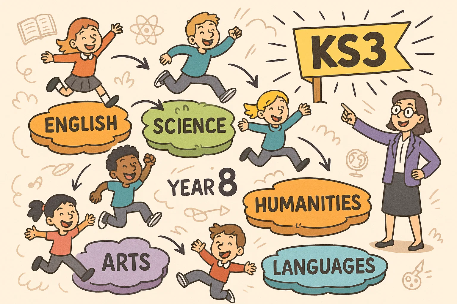  Key stage 3 curriculum structure cartoon with students exploring different subjects.