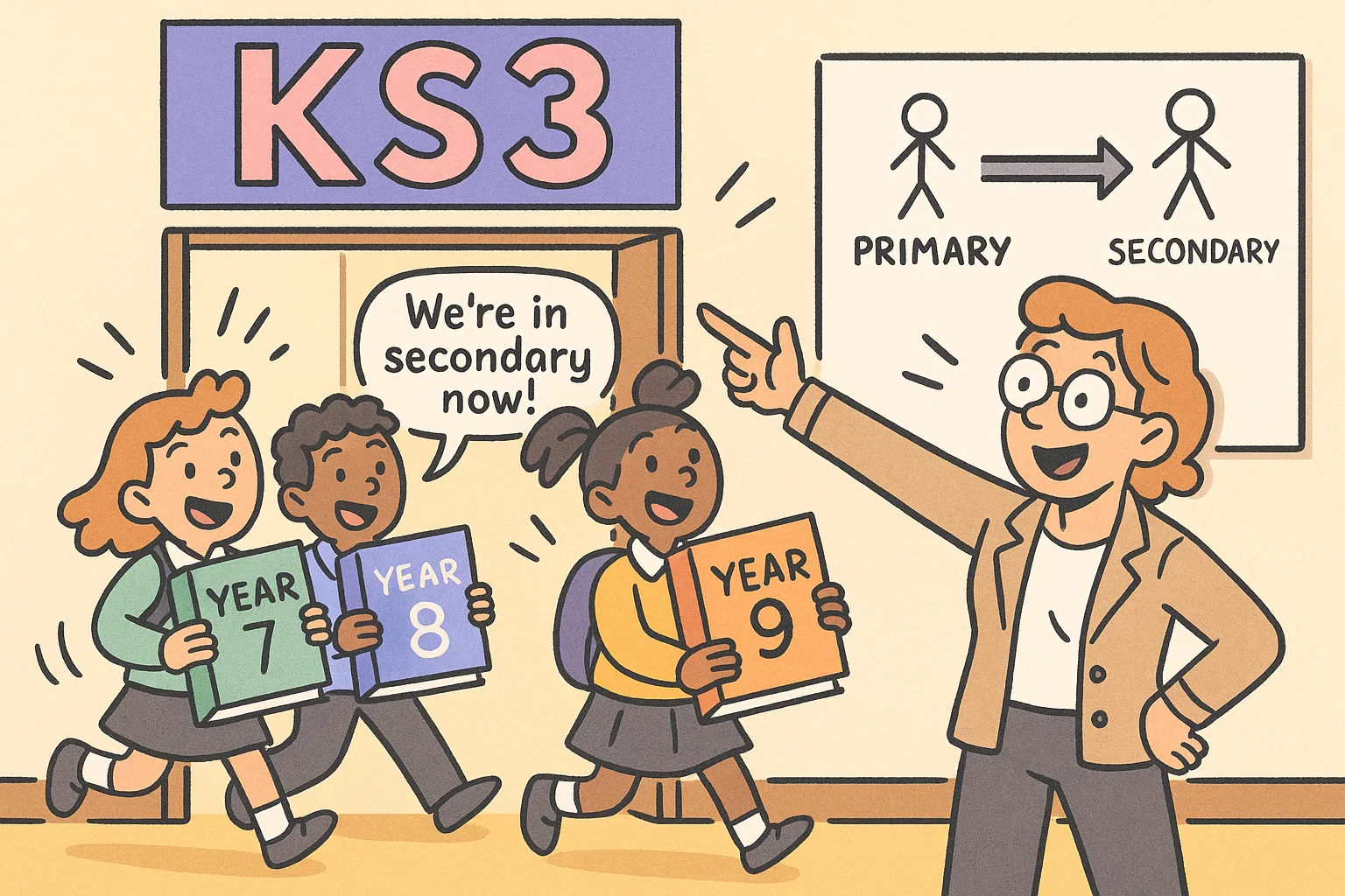 Cartoon key stage 3 overview with students starting Year 7 in a colourful classroom.
