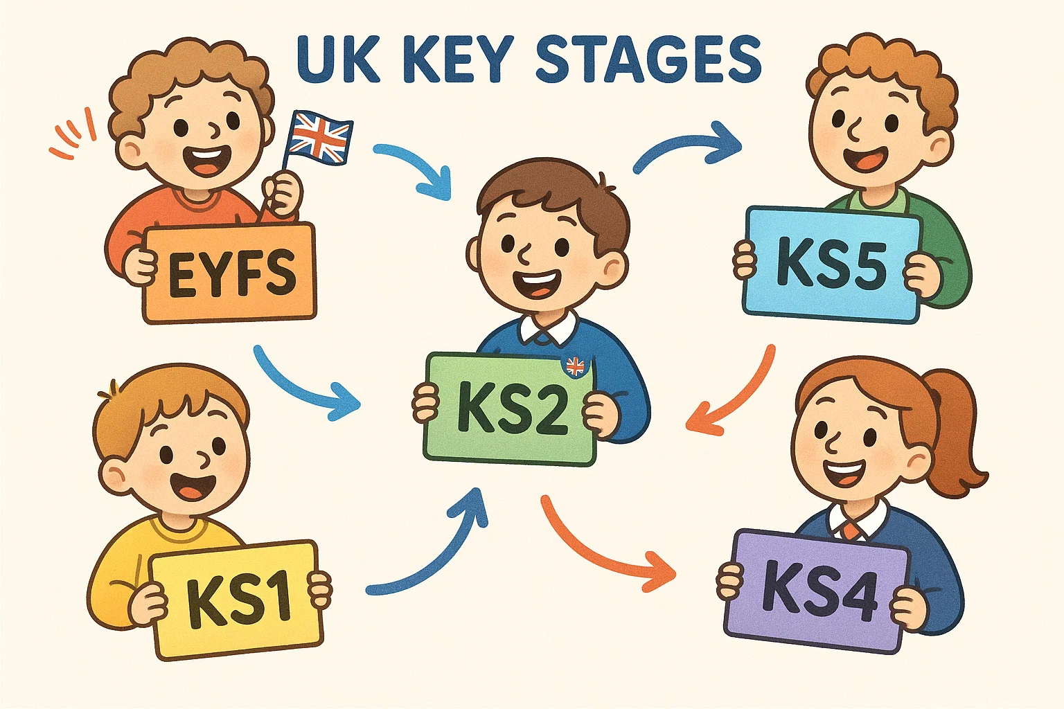 Key stage structure UK cartoon diagram showing EYFS to KS5 progression.