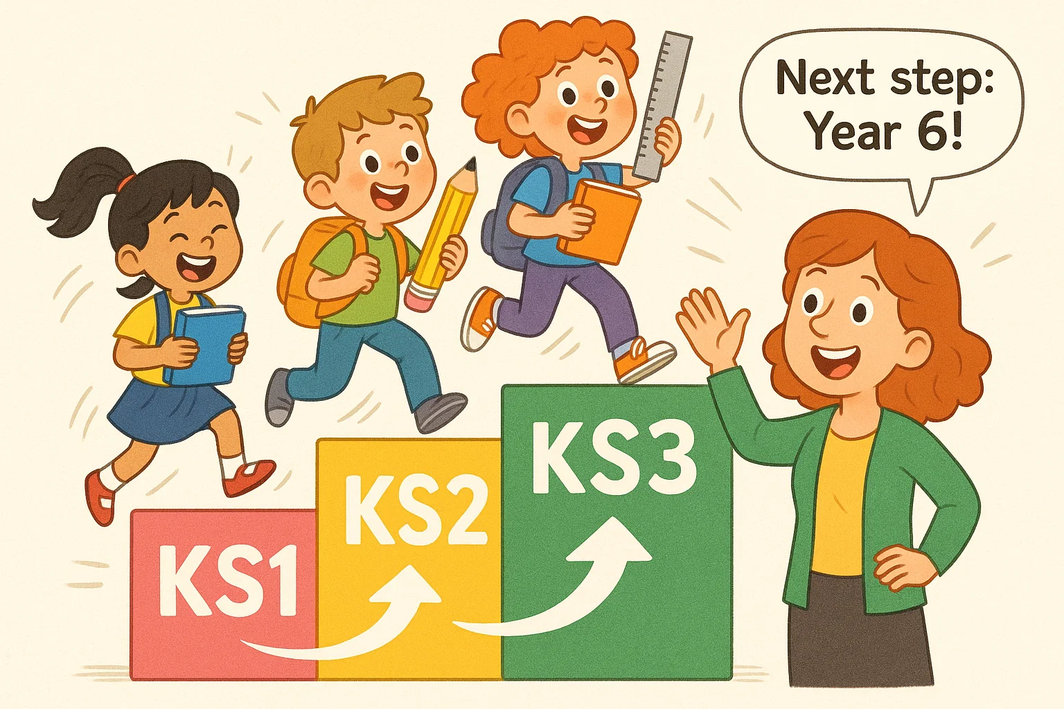 Cartoon of key stages year 6 progress with students climbing educational steps.