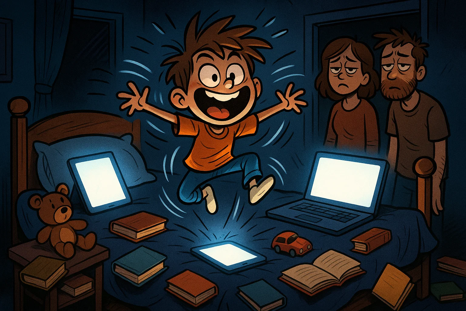  Kids bedtime struggles cartoon showing restless energy before sleep and tired parents.