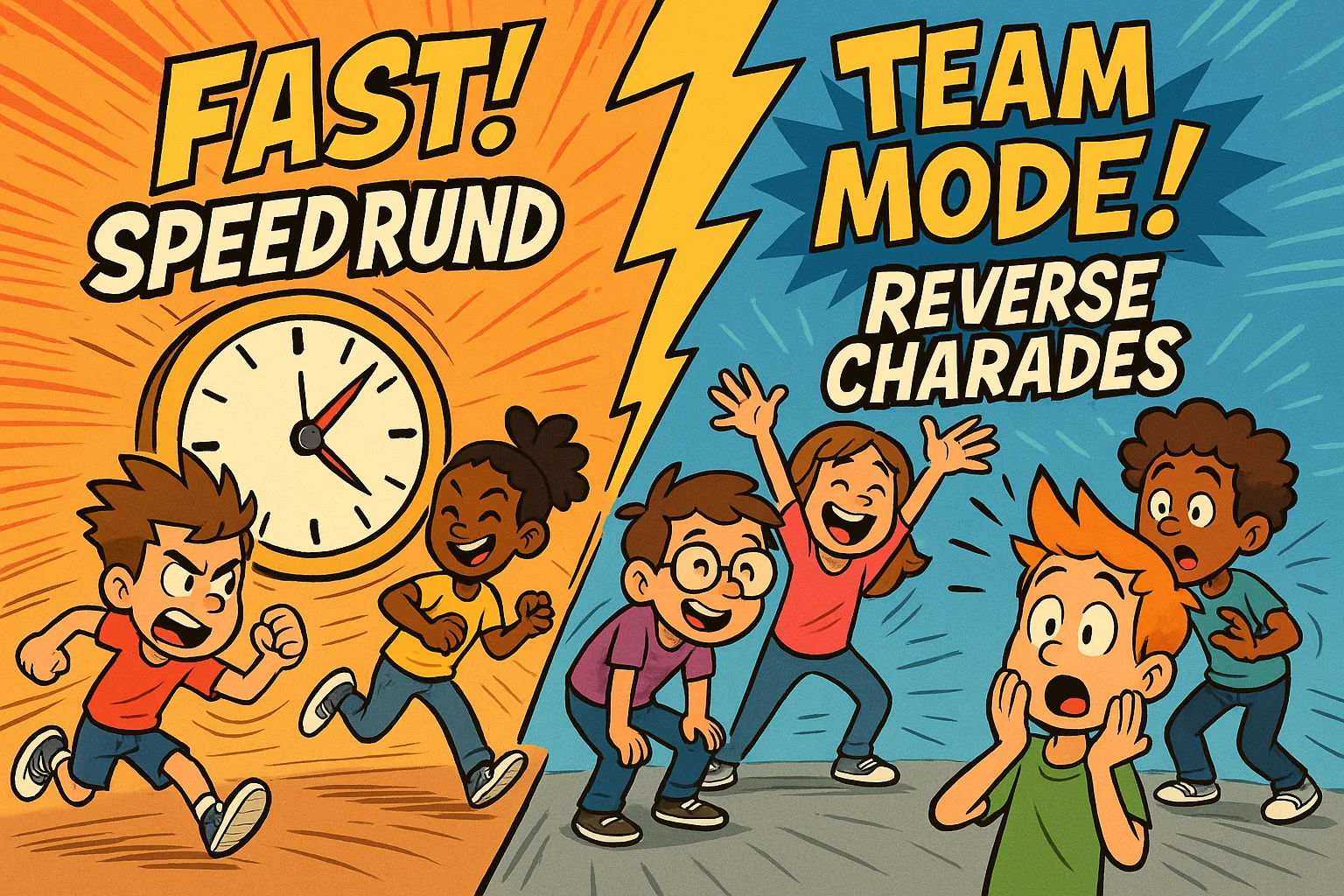 Kids playing charades variations like fast rounds team mode and reverse play.