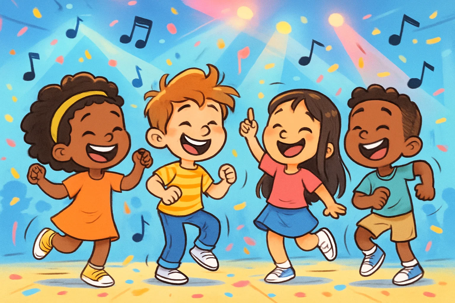 Happy kids dancing at a fun party with music and bright colors.