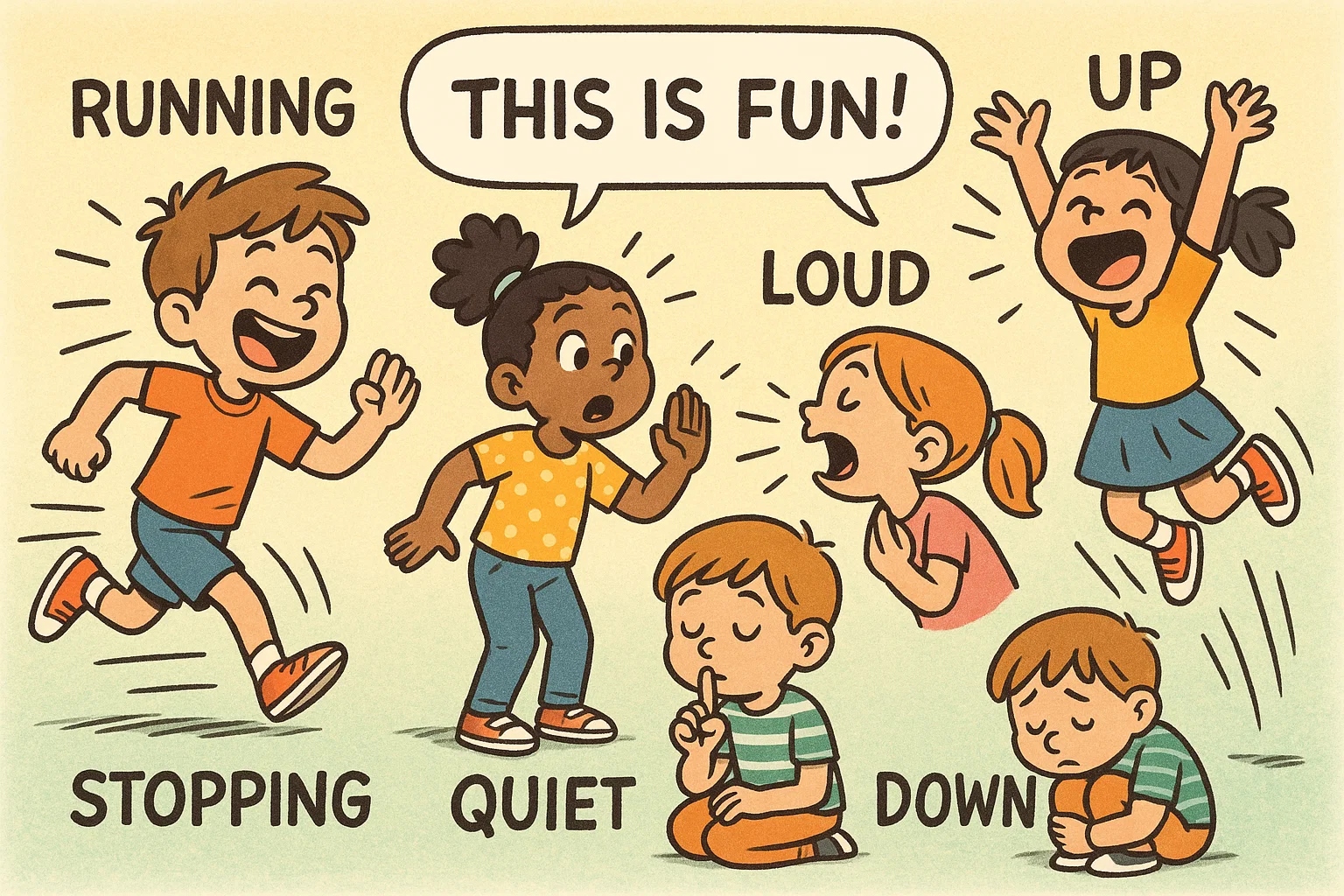 Kids see fun opposite game cartoon with children acting out playful opposite activities.