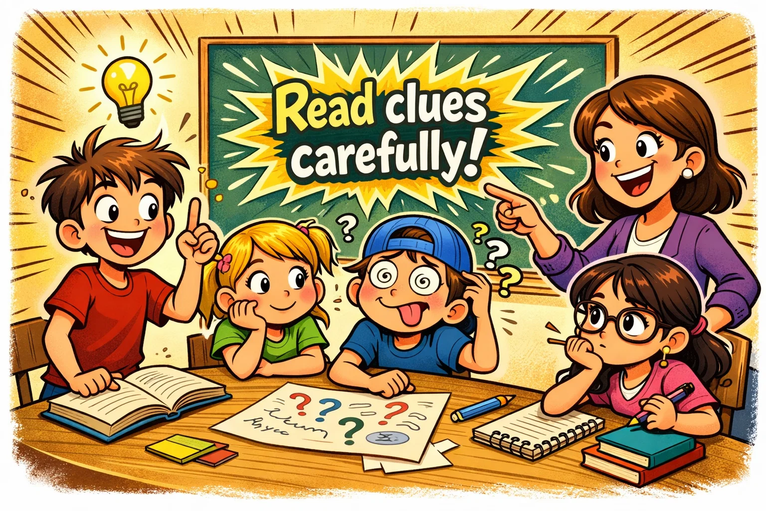  Kids solving riddles together at table while thinking about clues.
