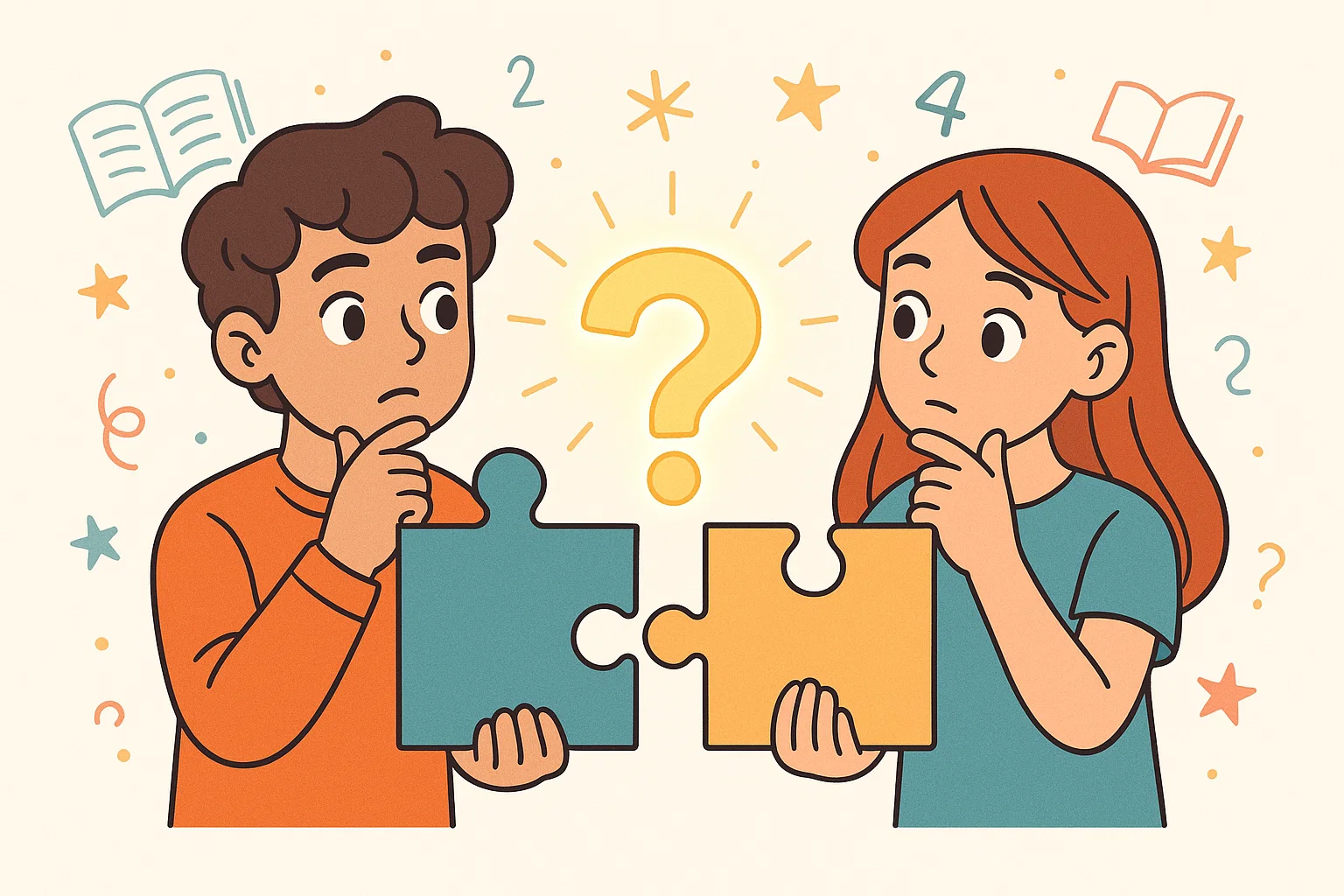  Kids holding puzzle pieces forming a question mark learning through riddles.