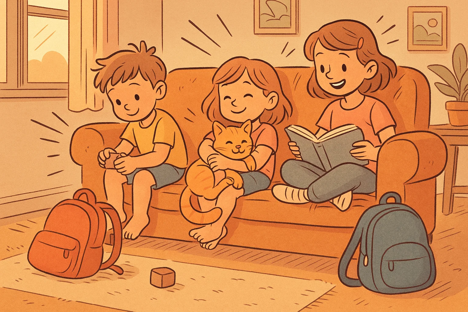 Kids unwind after school cartoon showing calm activities and family relaxation.