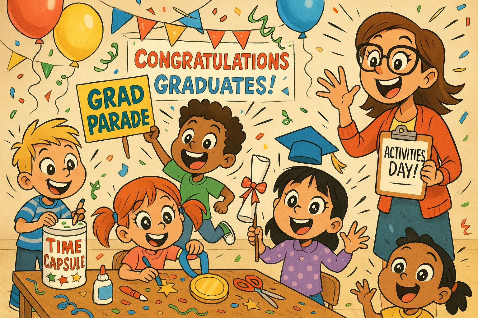 Kindergarten graduation activities with crafts and hands-on celebration projects.